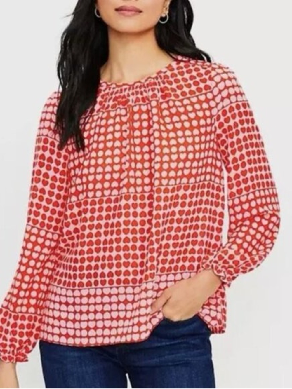 LOFT Pink Red Heart Print Blouse Long Sleeve Romantic Valentine Top